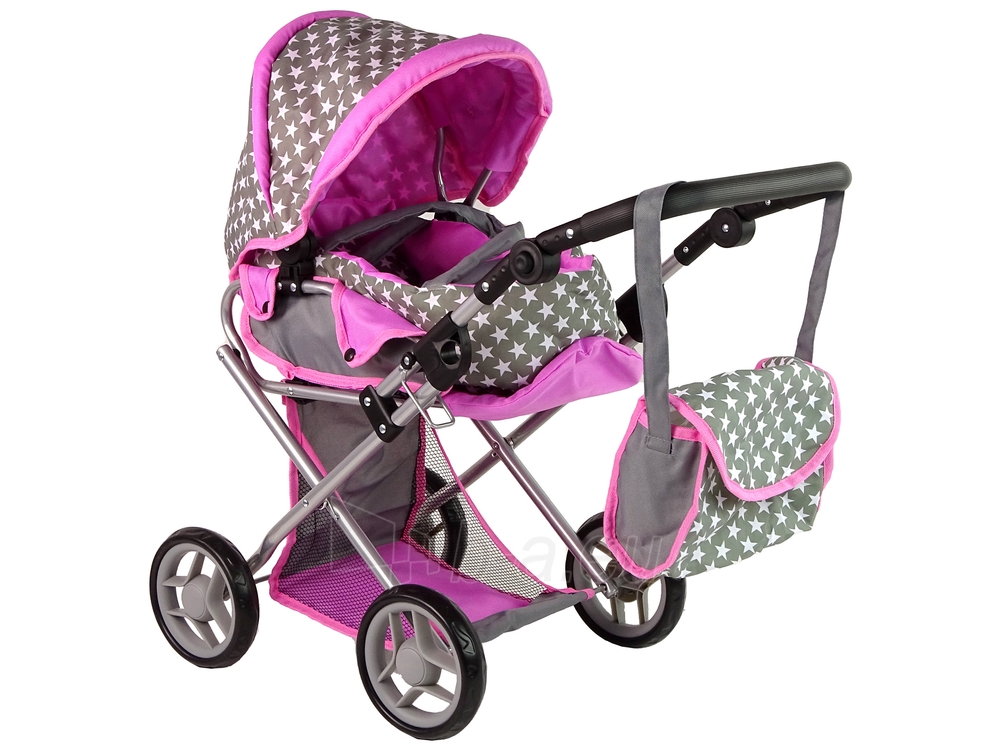 Gray Pink Stars vaikiškas vežimėlis lėlėms su krepšiu paveikslėlis 4 iš 10