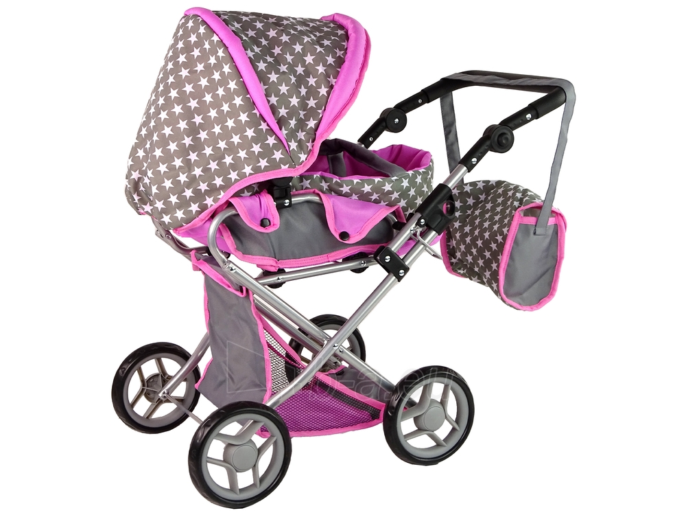 Gray Pink Stars vaikiškas vežimėlis lėlėms su krepšiu paveikslėlis 3 iš 10