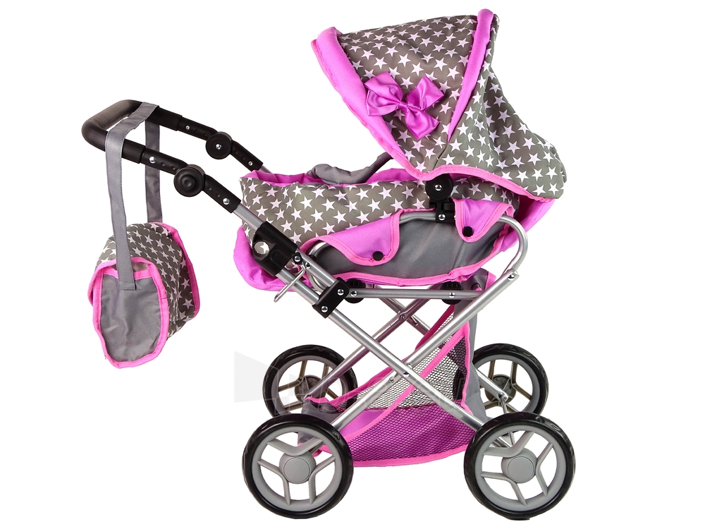 Gray Pink Stars vaikiškas vežimėlis lėlėms su krepšiu paveikslėlis 2 iš 10