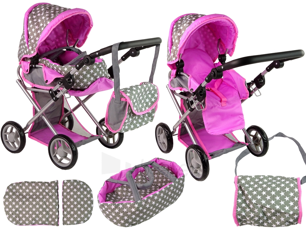 Gray Pink Stars vaikiškas vežimėlis lėlėms su krepšiu paveikslėlis 10 iš 10