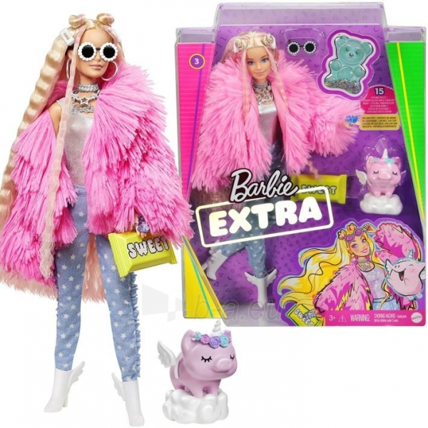 GRN28 / GRN27 Mattel Barbie Extra Doll Pink Coat With Pig Unicorn paveikslėlis 2 iš 6