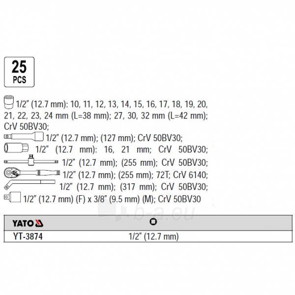 Įrankių rinkinys 1/2 "(25vnt.) YT-38741 YATO paveikslėlis 2 iš 2