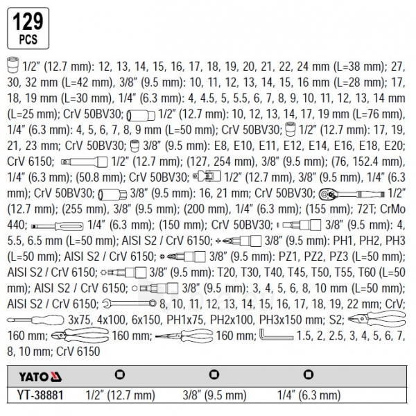 Įrankių rinkinys 1/4 ", 1/2", 3/8 "(129 vnt.) YT-38881 YATO paveikslėlis 2 iš 5