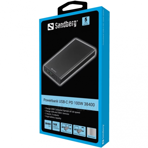 Išorinė baterija Sandberg 420-63 Powerbank USB-C PD 100W 38400 paveikslėlis 2 iš 2