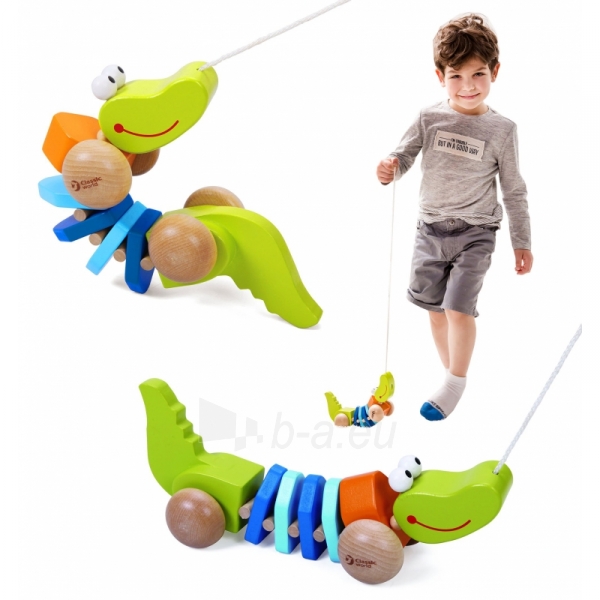 Klasikinis pasaulio medinis žaislinis krokodilas su traukiančiais garsais su virvele paveikslėlis 1 iš 11