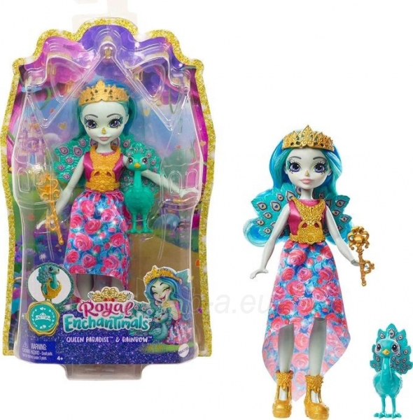 Lėlė Royal Enchantimals Queen Paradise and Rainbow, Peacock Doll with Pet GYJ14 / GYJ11 MATTEL paveikslėlis 1 iš 2