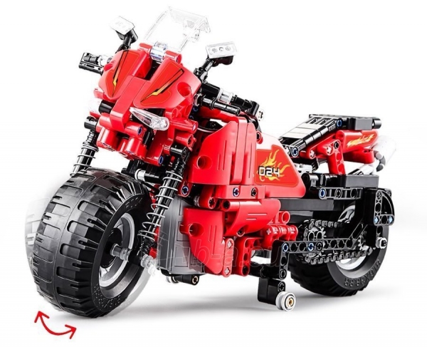 Nuotoliniu būdu valdomas motociklas - konstruktorius, 484 elementai, raudonas paveikslėlis 5 iš 6