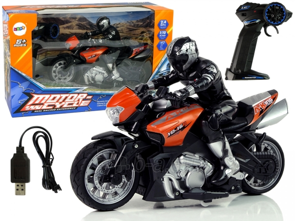 Nuotoliniu būdu valdomas motociklas, 1:10, oranžinis paveikslėlis 1 iš 8