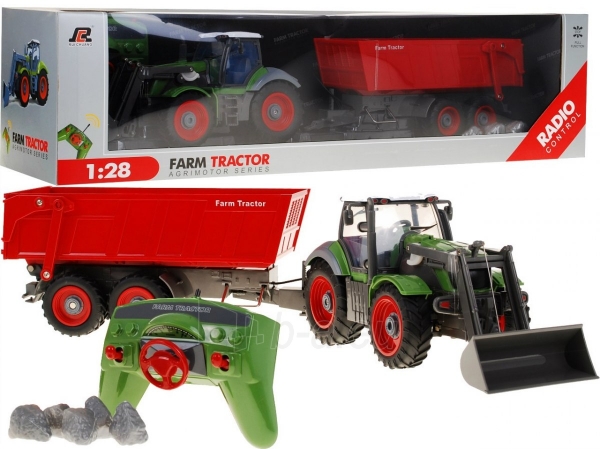 Nuotoliniu būdu valdomas traktorius su priekaba 1:28, žalias ir raudonas paveikslėlis 1 iš 6