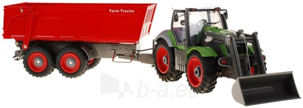 Nuotoliniu būdu valdomas traktorius su priekaba 1:28, žalias ir raudonas paveikslėlis 3 iš 6