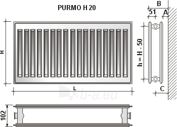 Radiator PURMO H 20 450-1600, subjugation on the side paveikslėlis 2 iš 2