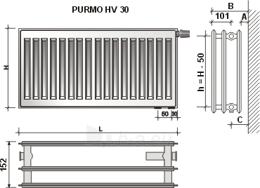 Pадиатор PURMO HV 30 500-1200, Подключение дно paveikslėlis 2 iš 2