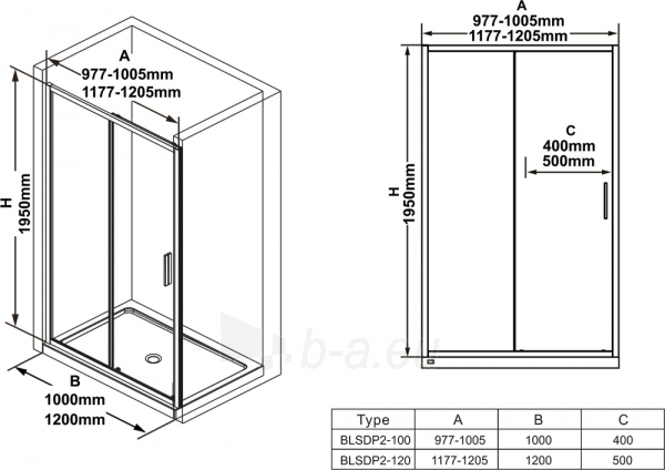 Stumdomos dušo durys Ravak Blix Slim, BLSDP2-120 blizgus +Transparent paveikslėlis 3 iš 3