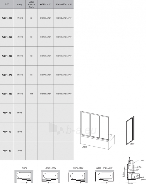 Stumdomos vonios durys Ravak, AVDP3-160, balta+stiklas Grape paveikslėlis 2 iš 2