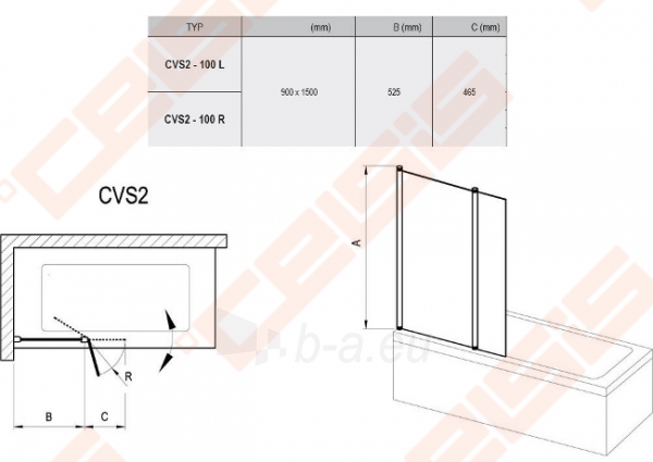 Sulenkiama dviejų dalių vonios sienelė CVS2-100 su blizgiu profiliu ir skaidriu stiklu, kairė pusė paveikslėlis 5 iš 5