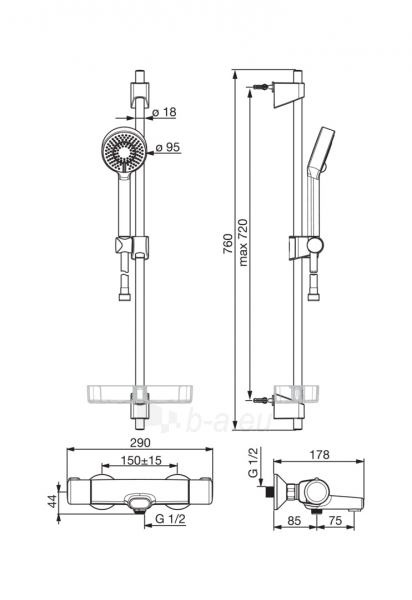 Termostatinis vonios/dušo maišytuvas Nova su dušo komplektu Apollo (7462U+544) paveikslėlis 2 iš 3