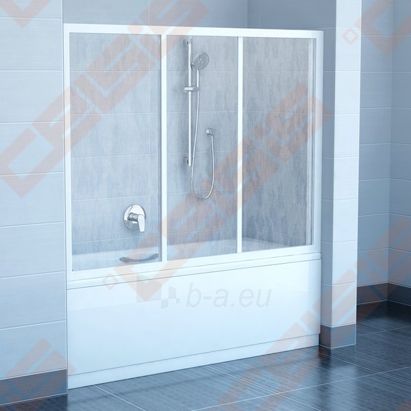 Trijų dalių stumdoma vonios sienelė AVDP3-160 su baltos spalvos profiliu ir pastiko Rain užpildu paveikslėlis 1 iš 3