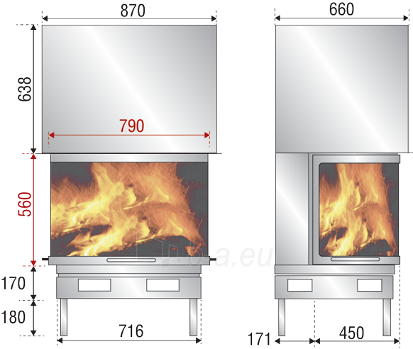 Ugniakuras AXIS F 900 pilkas durų apvadas, tiesus stiklas iš 3 pusių paveikslėlis 2 iš 2