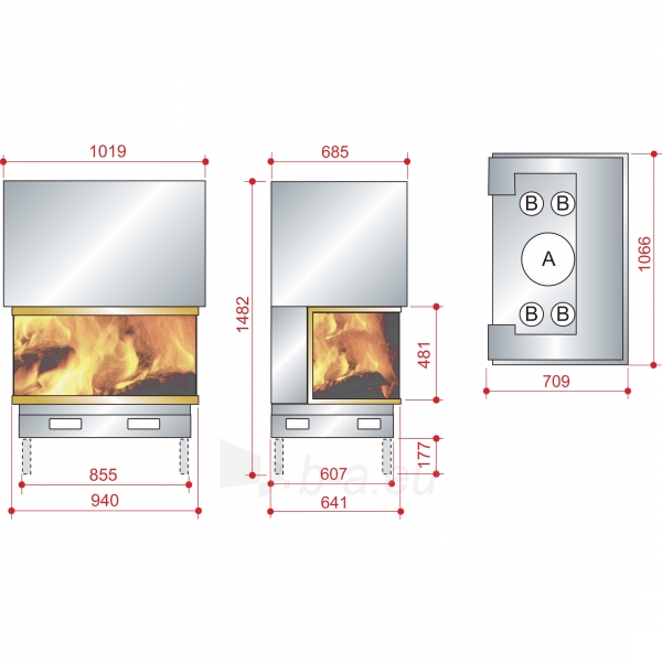 Ugniakuras AXIS FH 1200 3V pilkas durų apvadas, tiesus stiklas iš 3 pusių paveikslėlis 2 iš 2