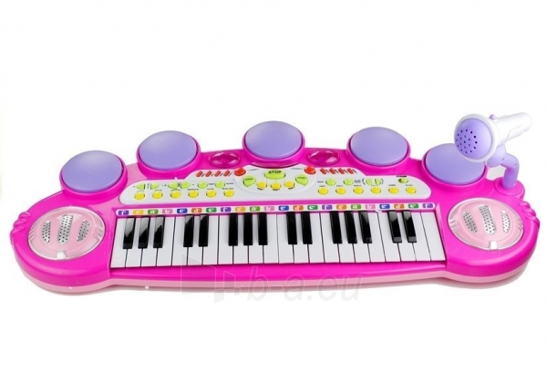 Vaikiškas pianinas su mikrofonu ir kėdute, rožinis paveikslėlis 3 iš 16