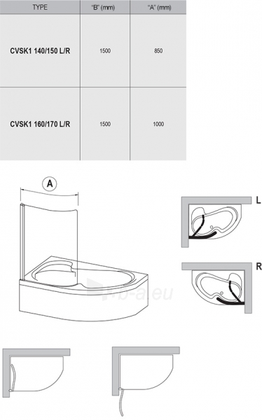 Vonios sienelė Ravak Rosa, CVSK1 140/150, L balta+stiklas Transparent paveikslėlis 4 iš 4
