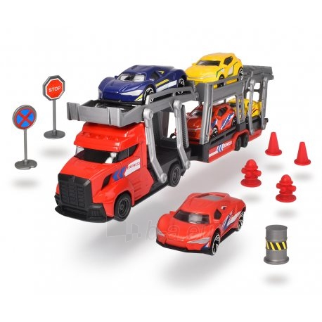 Žaislinis sunkvežimis - vilkikas 30 cm su 5 metalinėmis mašinėlėmis ir kelio ženklais | Dickie 3745012 Raudonas paveikslėlis 1 iš 3