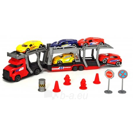 Žaislinis sunkvežimis - vilkikas 30 cm su 5 metalinėmis mašinėlėmis ir kelio ženklais | Dickie 3745012 Raudonas paveikslėlis 2 iš 3